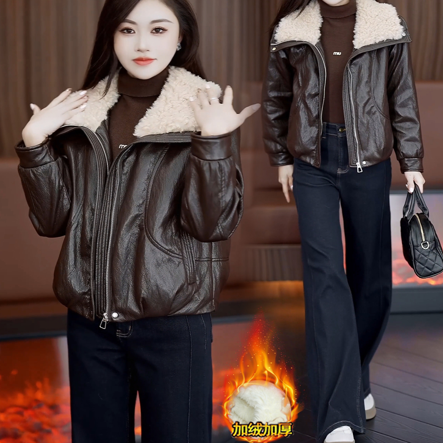 冬季羊羔毛加厚翻领PU皮夹克女