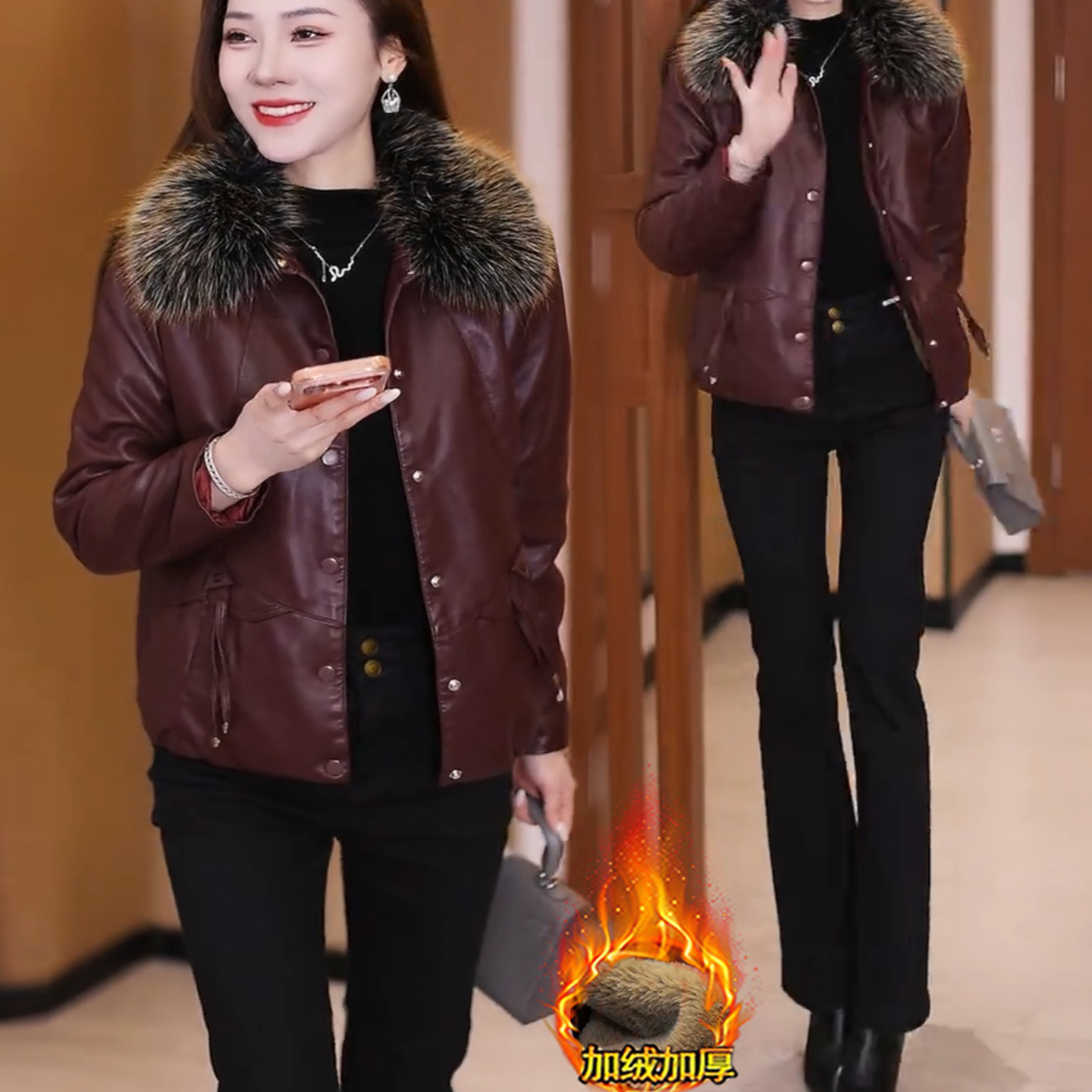 休闲风短款PU长袖毛领保暖加绒