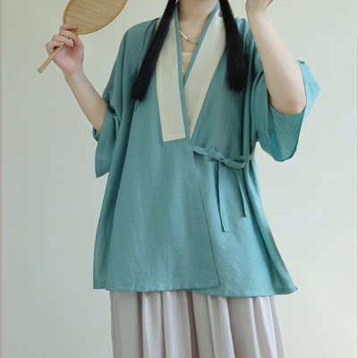 摸鱼儿改良对穿交短袖汉服灯笼裤