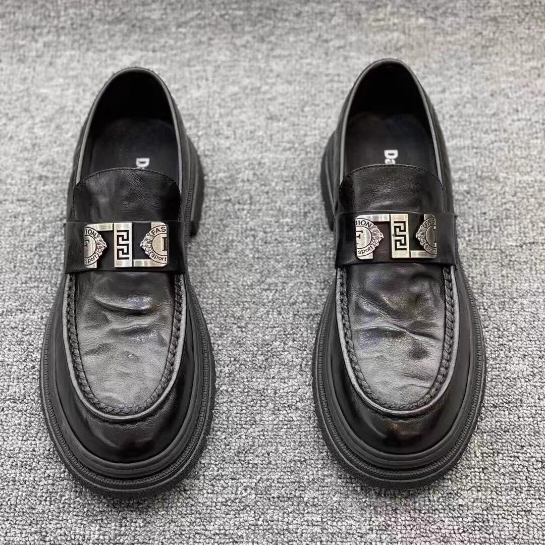 高级商务休闲皮鞋男款2025春夏潮流百搭厚底增高一脚蹬真皮乐福鞋