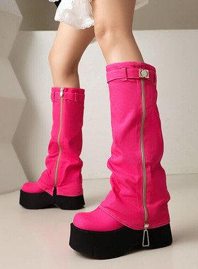 欧美增高鞋松糕厚底高筒靴女裤管靴牛仔布蓝色玫红色靴子大码ZXG
