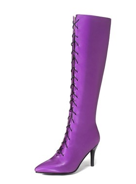 女鞋紫色靴子米色靴子系带高跟高筒大码女靴小码靴子 30 48 ASCP