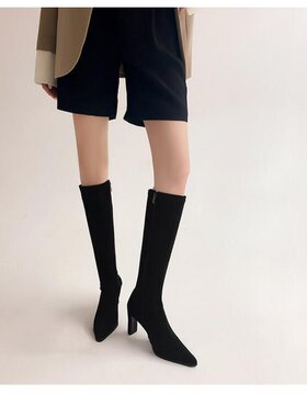 磨砂绒面细跟高跟高筒靴女杏色军绿色靴子尖头拉链大码小码鞋 YMA
