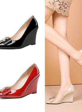 鞋女真皮红色杏色婚鞋伴娘尖头坡跟高跟大码单鞋 40 小码 33 exm