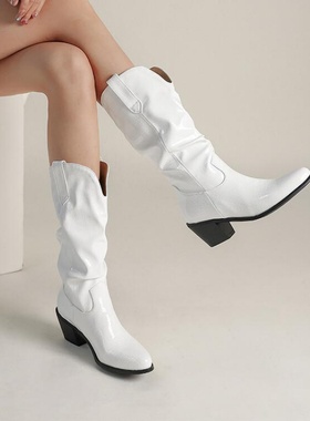 西部靴堆堆靴欧美皮靴子白色靴子女粗跟高跟中筒靴大码女鞋 PCSA