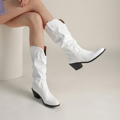 欧美白色粗跟中筒靴西部堆堆