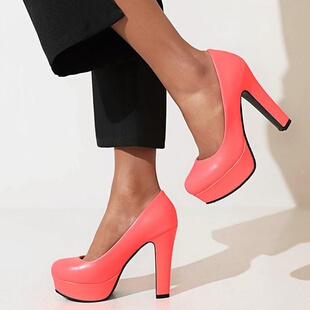 小码 春秋季 大码 女防水台桔色桃红色白色绿色婚鞋 粗跟高跟单鞋