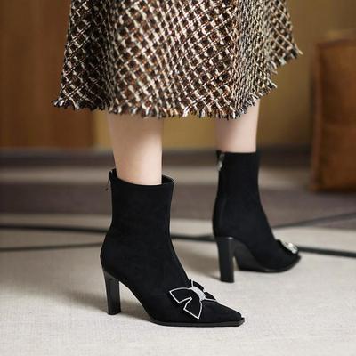 秋冬鞋高跟短靴女磨砂靴子蝴蝶结职业单靴子短筒大码小码女靴 GXZ