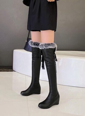 冬款女鞋白色靴子女内增高高跟过膝长靴厚绒毛靴棉靴大码女靴 GT