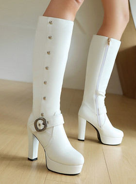 秋冬外贸防水台增高粗跟高跟过膝长靴白色靴子长筒皮靴大码靴ZXG