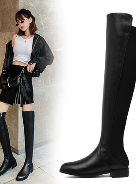 皮靴显瘦女鞋低跟过膝长靴长筒弹力靴子女瘦靴牛皮真皮女靴 SLLM