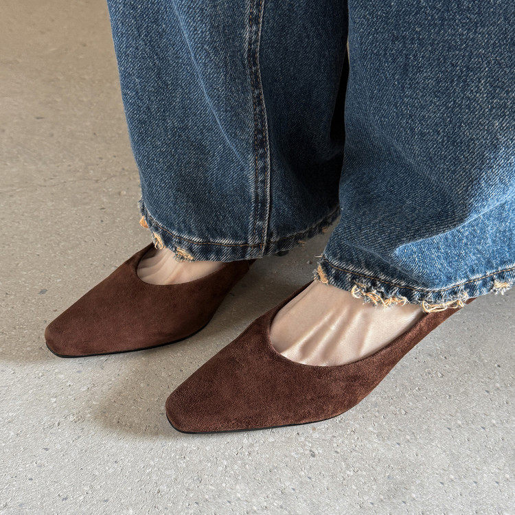 棕色杏色工作鞋简约方头反绒皮单鞋女磨砂气质细跟中跟真皮鞋 JMD