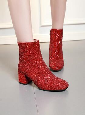 女鞋金色银色红色靴子婚鞋新娘亮片高跟鞋短靴大码女靴 40-43 LX