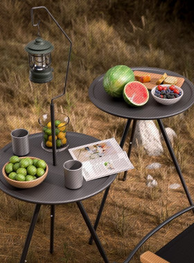 桌子户外野餐桌钢管桌腿折叠桌小圆桌可升降野炊露营带灯架便携
