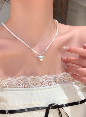 韩系爱心珍珠碎银子项链女轻奢小众感颈链配饰锁骨链choker