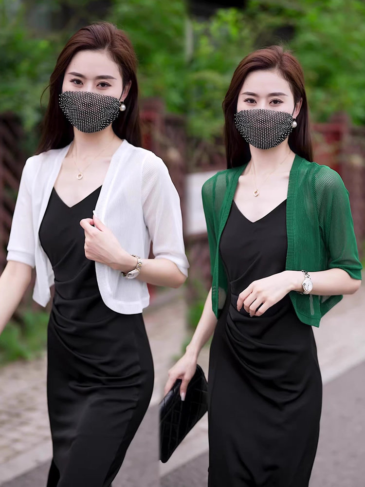 配吊带裙小披肩短袖女夏百搭短款亮丝防晒开衫坎肩短外套薄款外搭