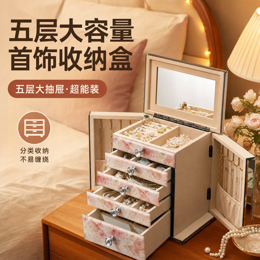 女士高级感链戒指耳环饰品首饰盒图片