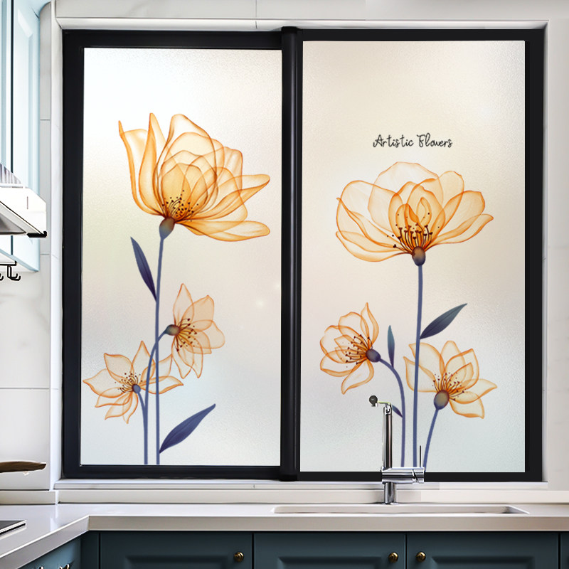 厨房温馨花卉玻璃防晒隔热膜磨砂窗户贴纸透光不透明防紫外线贴膜