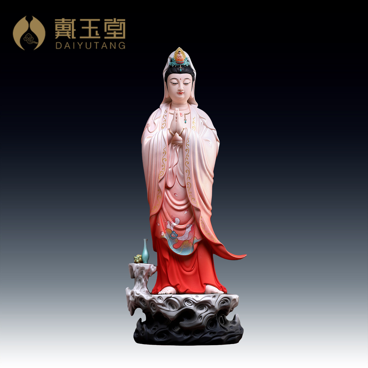 戴玉堂陶瓷《合掌观音红莲衣》德化白瓷家用佛像供奉观音菩萨摆件
