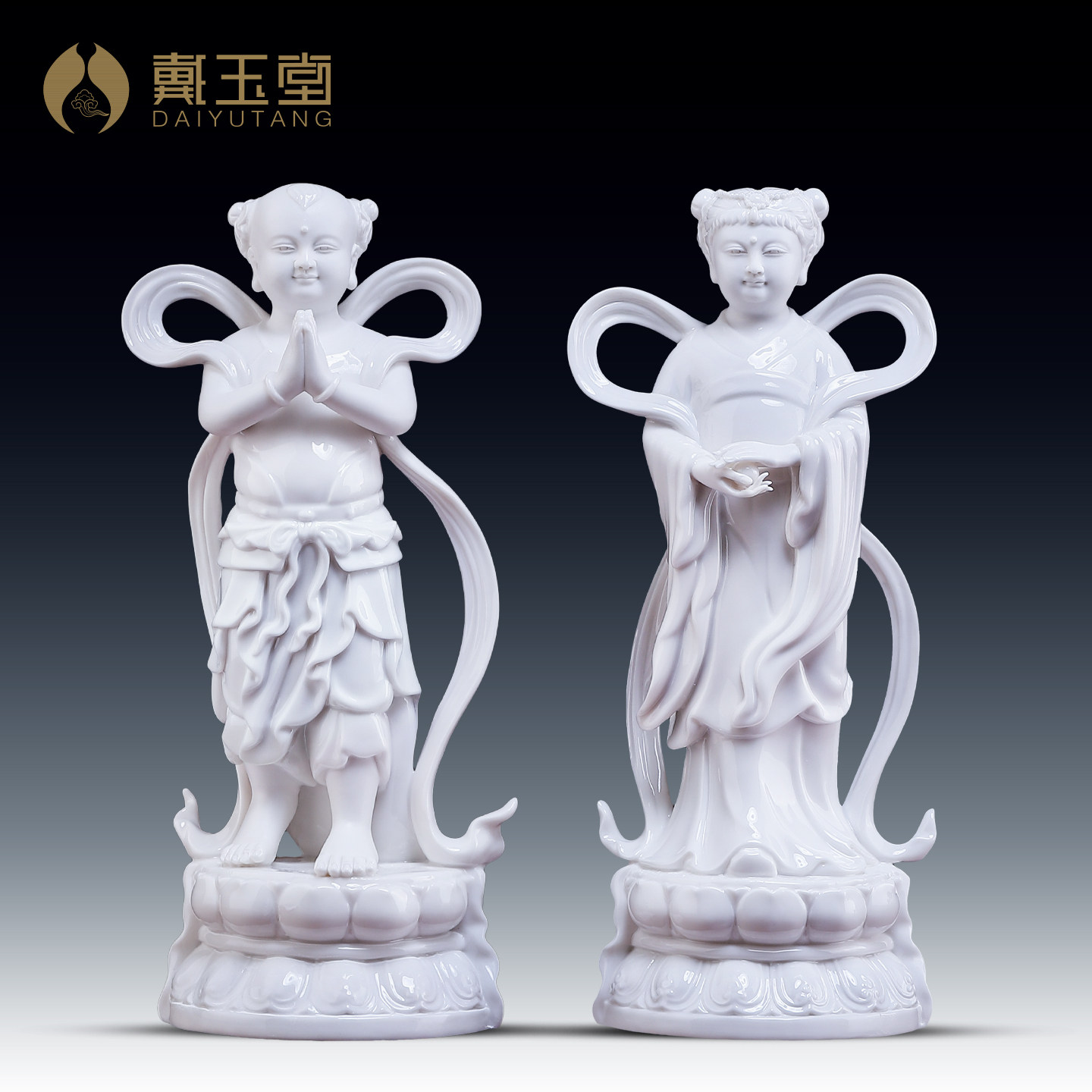 戴玉堂陶瓷《善财童子龙女》善财童子龙女像观音菩萨对童护法佛像