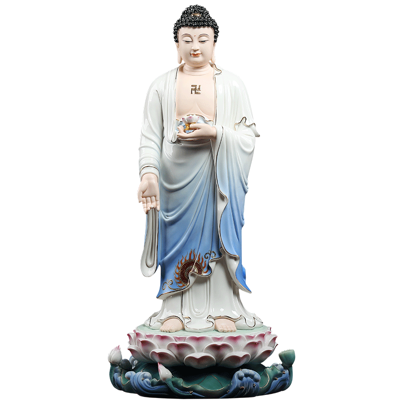 戴玉堂陶瓷摆件《立莲西方三圣阿弥陀佛蓝衣彩》佛像客厅家用供奉