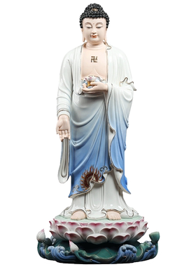 戴玉堂陶瓷摆件《立莲西方三圣阿弥陀佛蓝衣彩》佛像客厅家用供奉
