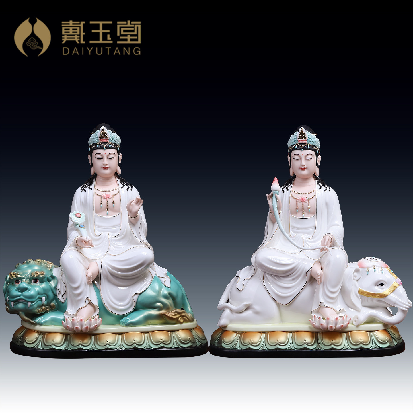 戴玉堂陶瓷文殊菩萨像普贤菩萨华严三圣佛像家用供奉家居饰品摆件