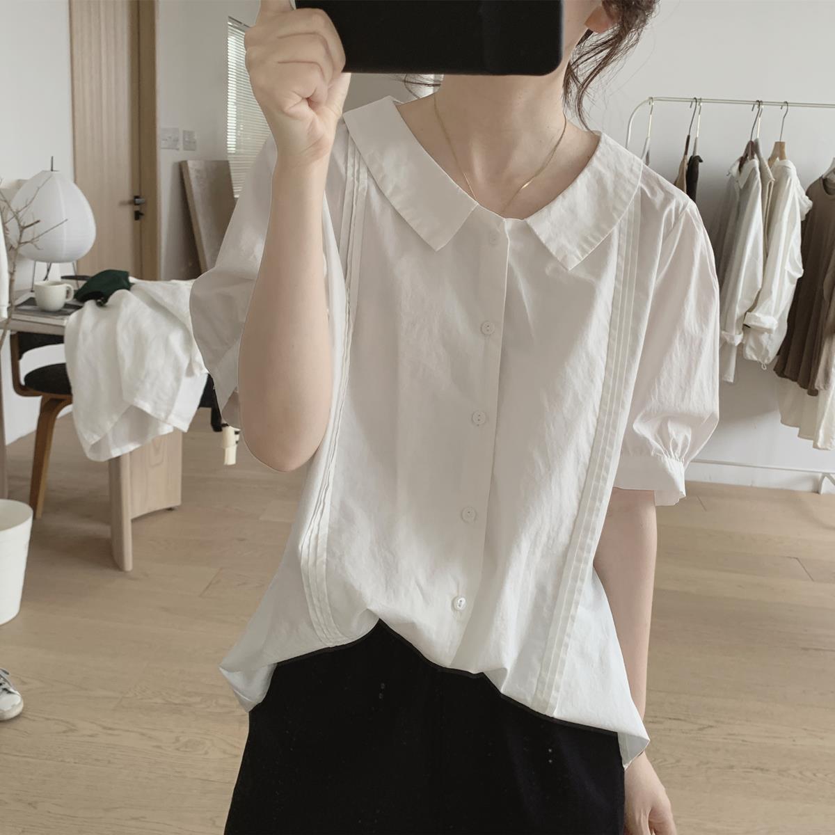韩国泡泡袖衬衫女夏季减龄宽松显瘦简约棉质浅粉色短袖娃娃领上衣