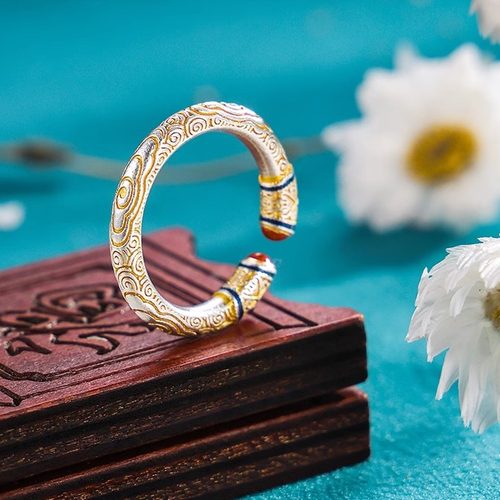 听雷足银9999描金珐琅祥云戒指