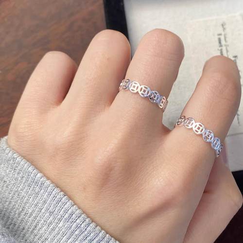 听雷五帝币铜钱发财S999纯银戒指