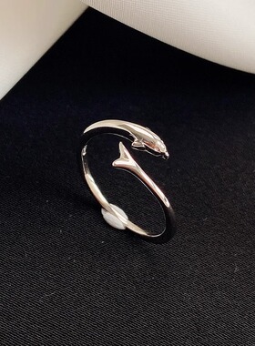 纯银海豚戒指女鱼尾999足银尾戒