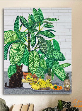 Wood猫和水果 当代艺术波普风静物挂画客厅餐厅玄关装饰无框画竖