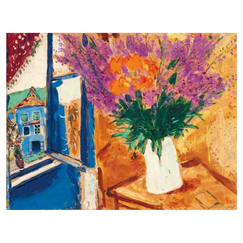 夏加尔窗边的花束装饰画Chagall法式浪漫静物画客厅餐厅挂画横款