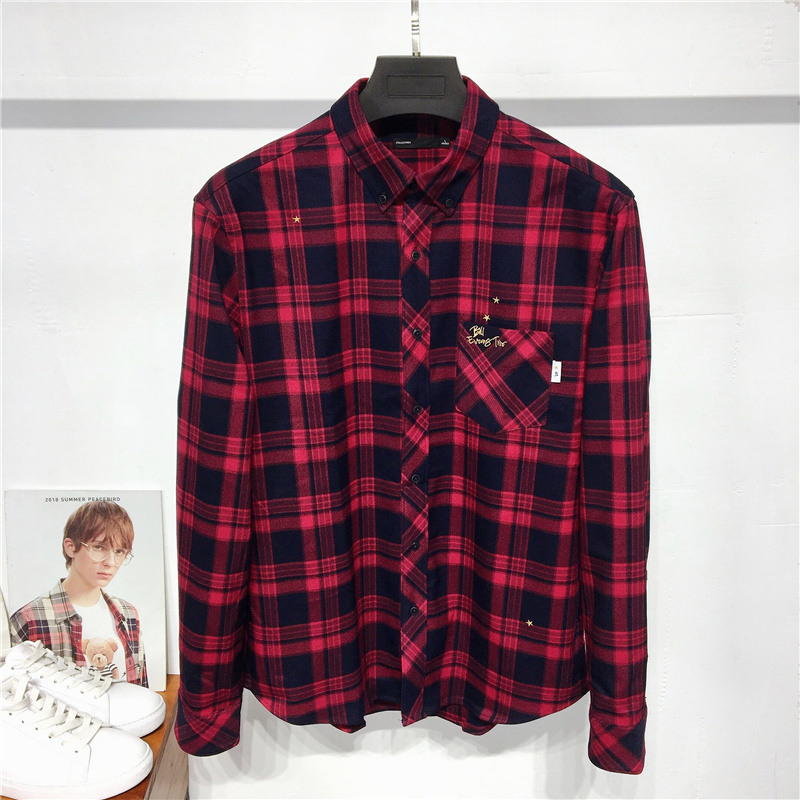 男士秋冬款红黑格纹ins格子衬衫