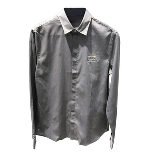 男士潮牌秋冬季新款灰色刺绣修身休闲纯棉衬衣男士抗皱长袖衬衫潮