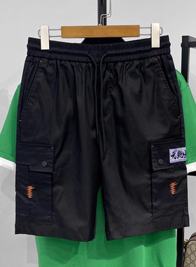 卡系列抗皱微弹黑色直筒休闲短裤夏季新款多口袋工装松紧腰五分裤