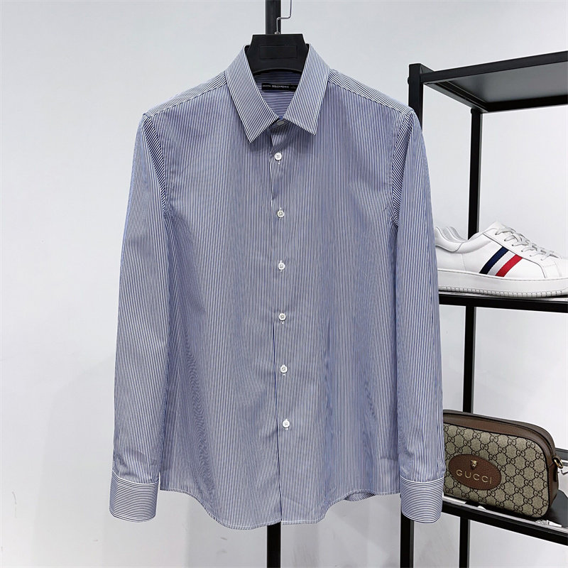 男装高端品质春秋款纯棉蓝白条纹时尚衬衣抗皱修身长袖休闲衬衫潮