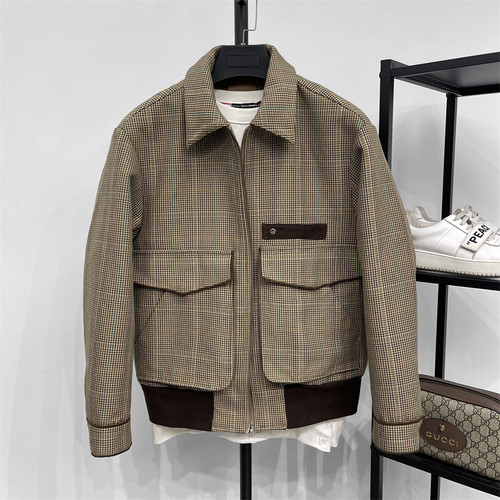 男装潮牌秋冬季新品羊毛混纺休闲短款夹克翻领拉链咖啡格茄克外套