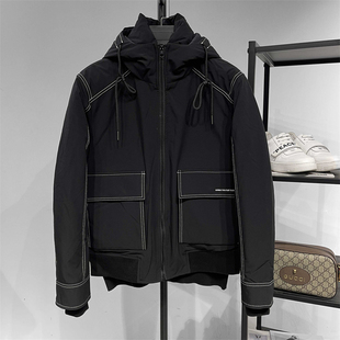 鸟款男装冬季合身版短款连帽羽绒服黑色明线防风白鸭绒男休闲外套