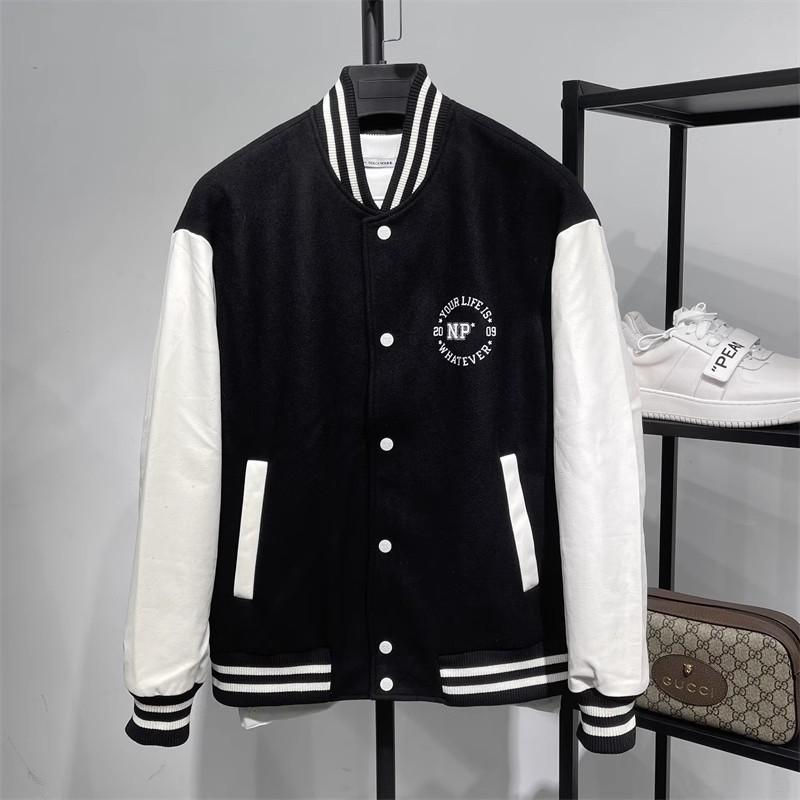25年春秋新品宽松版棒球服羊毛呢夹克男女款立领仿皮黑白撞色外套图片