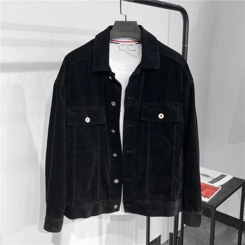 男装潮牌灯芯绒夹克2026年春装新品复古翻领纯黑色阔版休闲外套