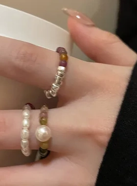 戒指珍珠彩色碧玺设计小众复古指环食指戒碎银子高级感女夏季