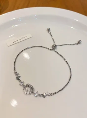 手链ins风手饰手镯高级感韩国钛钢潮镶钻抽拉式花朵女轻奢可调节