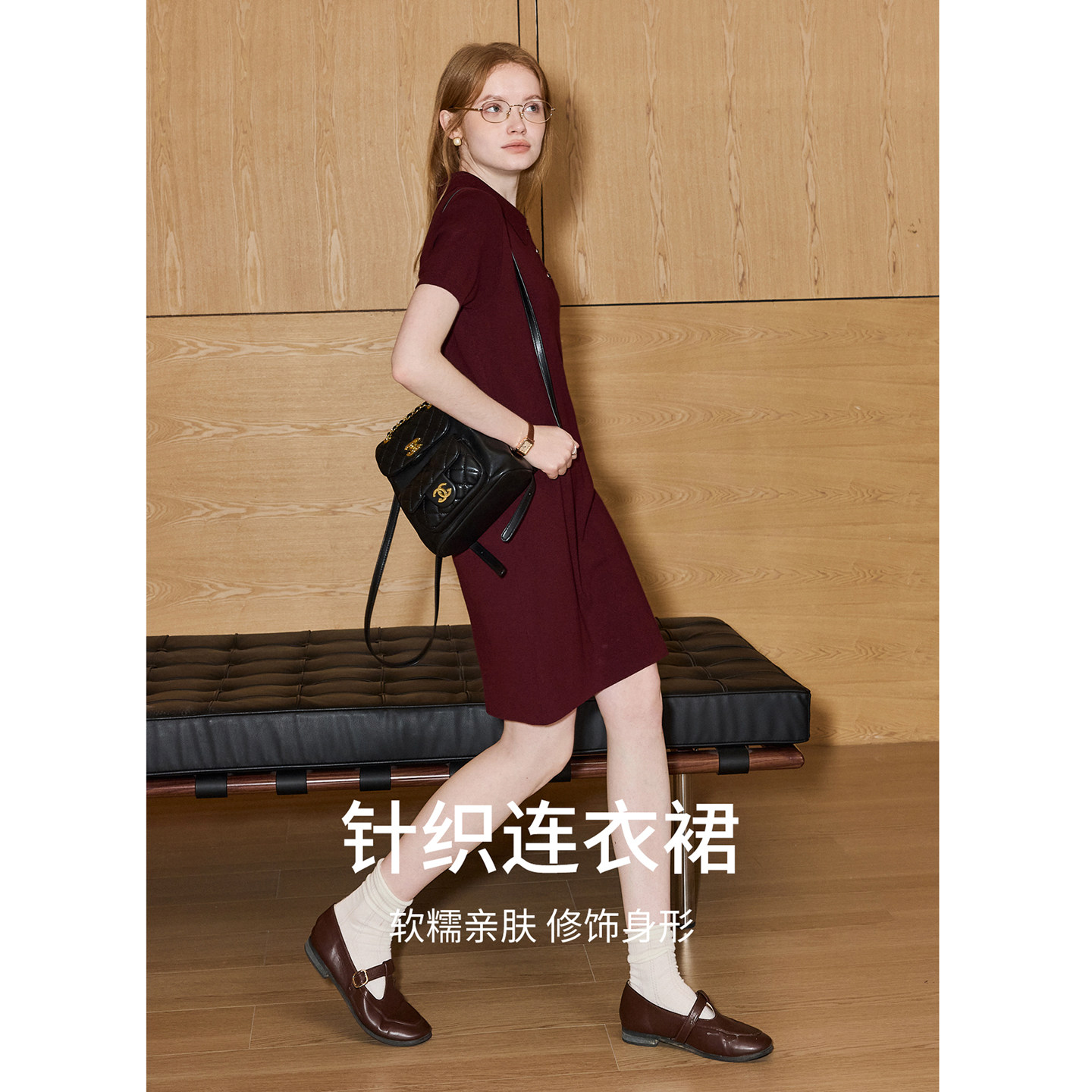 库恩玛维复古港风针织短袖连衣裙女2026年夏新款显白酒红色POLO裙