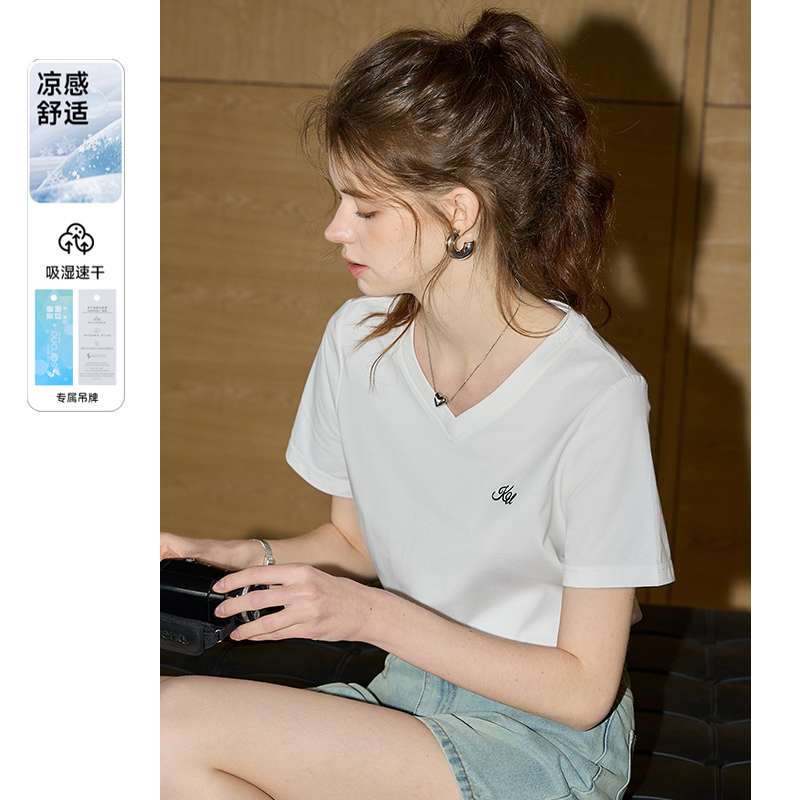 库恩玛维百搭好看v领短袖t恤女2025年夏季新款宽松显瘦基础款上衣