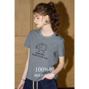 T恤女2025年夏新款 短袖 棉100% 圆领卡通体恤上衣 库恩玛维韩版