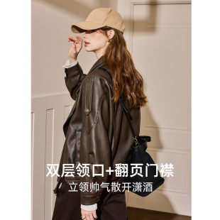 库恩玛维Y2K千禧风翻领皮衣女2025年秋季 高街潮酷PU皮短外套 新款