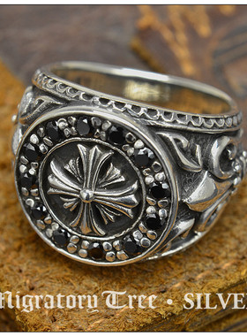 纯银指环复古男女款童军花戒面