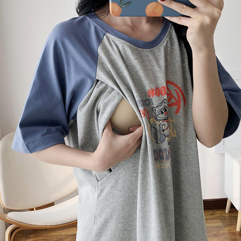 孕妇可哺乳睡裙夏装薄款喂奶期睡衣潮妈连衣裙外出穿产后哺乳T恤