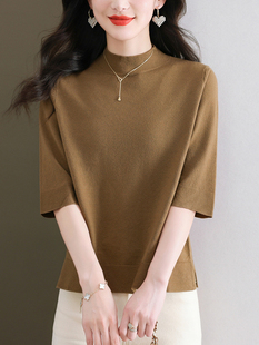 半高领中袖针织衫女高端薄款春秋款新款宽松七分袖洋气打底衫上衣